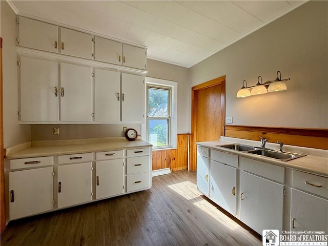 118 S 8th St, Olean-City, NY 14760 - kitchen with wood finished floors, a wainscoted wall, light countertops, crown molding, and white cabinetry