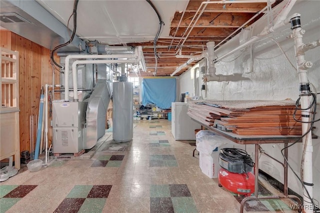 4964 Meadowbrook Rd, Clarence, NY 14221 - basement with water heater, tile patterned floors, washer / clothes dryer, and wooden walls