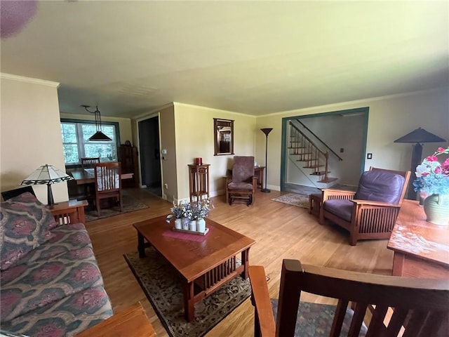 5 White Birch Cir, Chili, NY 14624 - living room featuring stairs, wood finished floors, and ornamental molding