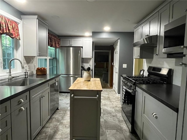 5 White Birch Cir, Chili, NY 14624 - kitchen featuring stainless steel appliances, under cabinet range hood, butcher block countertops, backsplash, and gray cabinetry