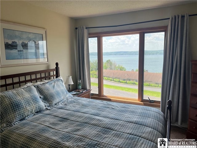 34 Oneida Dr, Chautauqua, NY 14728 - bedroom with a water view and a textured ceiling