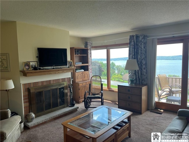 34 Oneida Dr, Chautauqua, NY 14728 - carpeted living area with a fireplace and a textured ceiling