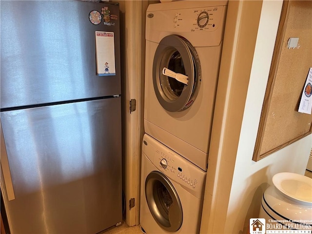 34 Oneida Dr, Chautauqua, NY 14728 - laundry area with stacked washer / drying machine