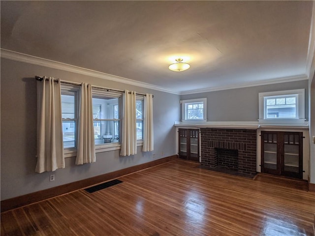 120 Whiteford Rd, Rochester, NY 14620 - unfurnished living room featuring wood finished floors, crown molding, and a fireplace