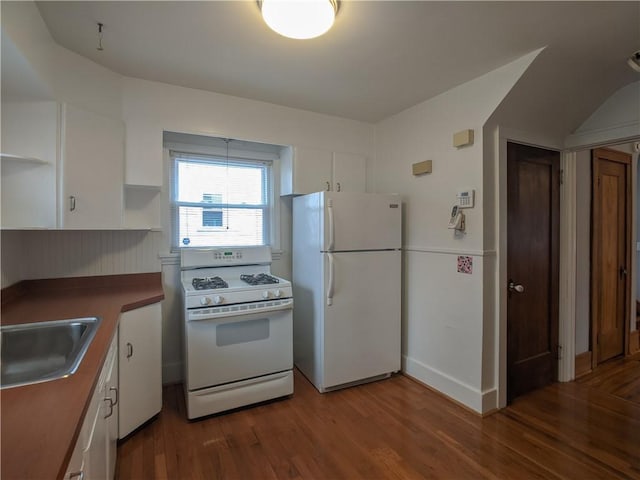 120 Whiteford Rd, Rochester, NY 14620 - kitchen with white appliances, open shelves, white cabinetry, and wood finished floors