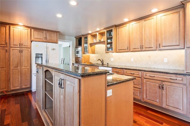 158 Pine Valley Dr, Greece, NY 14626 - kitchen featuring white appliances, open shelves, a kitchen island, dark wood-style flooring, and recessed lighting