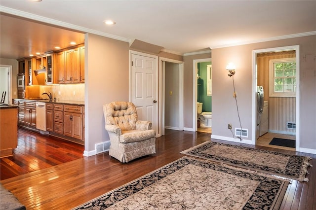 158 Pine Valley Dr, Greece, NY 14626 - living area featuring dark wood-type flooring, washer / clothes dryer, ornamental molding, and recessed lighting