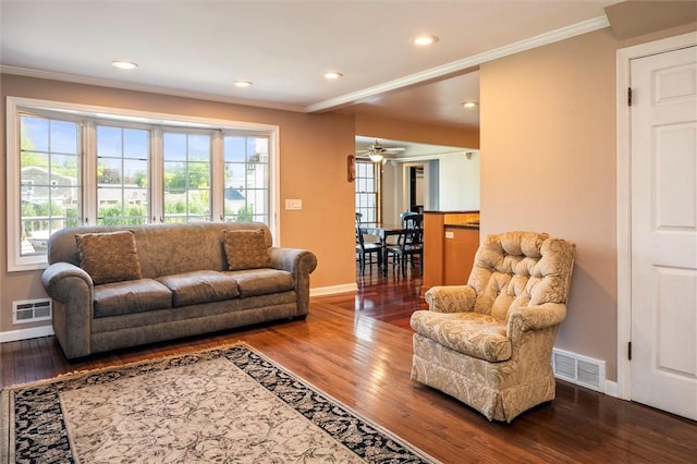 158 Pine Valley Dr, Greece, NY 14626 - living area featuring ornamental molding, hardwood / wood-style flooring, a ceiling fan, and recessed lighting