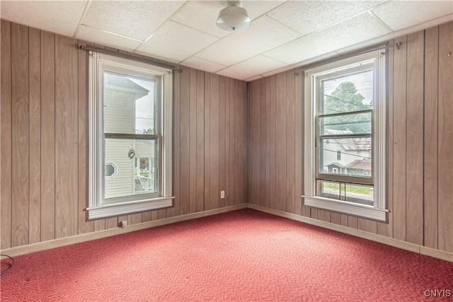 14309 Maple St, Diana, NY 13648 - spare room featuring carpet floors, a drop ceiling, and wooden walls