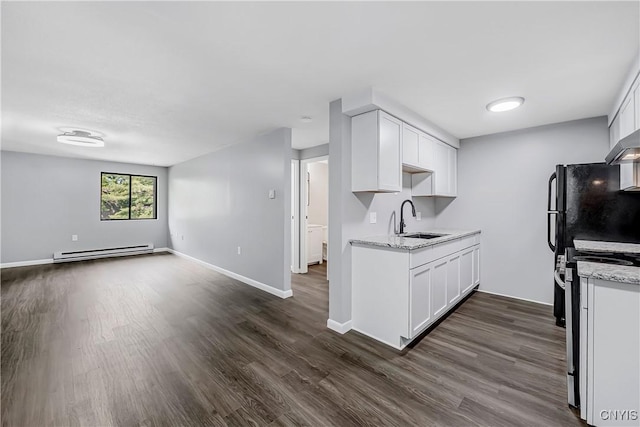 279 Watertree Dr, Dewitt, NY 13057 - kitchen with stainless steel electric stove, baseboard heating, dark wood finished floors, and white cabinets