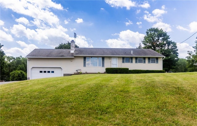 854 State Route 31, Macedon, NY 14502 - ranch-style home featuring a chimney, an attached garage, and a front yard