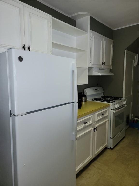 25 Francis Ave, Norwich, NY 13815 - kitchen featuring white appliances, under cabinet range hood, open shelves, ornamental molding, and white cabinets