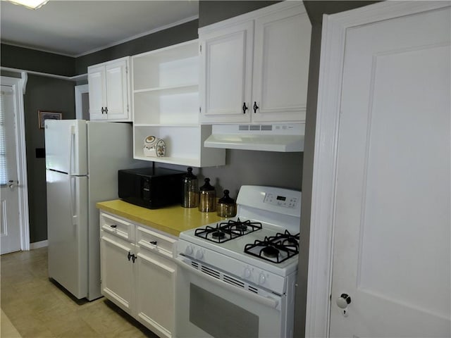25 Francis Ave, Norwich, NY 13815 - kitchen with under cabinet range hood, white appliances, open shelves, white cabinets, and light countertops