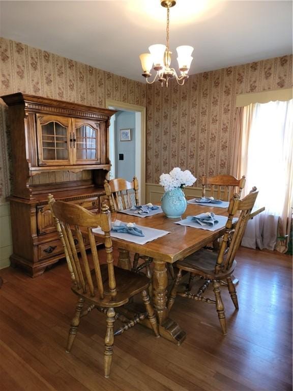 25 Francis Ave, Norwich, NY 13815 - dining space featuring wallpapered walls, a chandelier, wood finished floors, and wainscoting