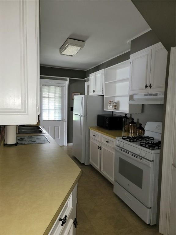 25 Francis Ave, Norwich, NY 13815 - kitchen with white appliances, under cabinet range hood, white cabinets, open shelves, and light countertops