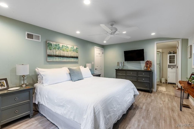 760 Westbrook Dr, North Tonawanda, NY 14120 - bedroom featuring recessed lighting, light wood finished floors, ceiling fan, and ensuite bath
