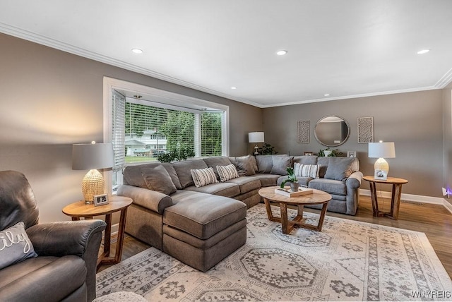 760 Westbrook Dr, North Tonawanda, NY 14120 - living room with crown molding, wood finished floors, and recessed lighting