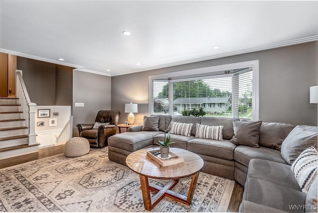 760 Westbrook Dr, North Tonawanda, NY 14120 - living area with light wood-style floors, ornamental molding, recessed lighting, and stairs