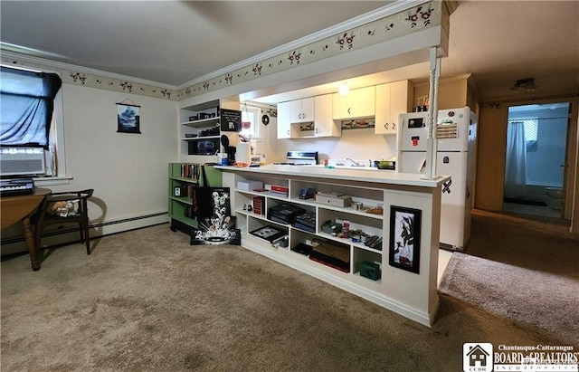 515 Newland Ave, Jamestown, NY 14701 - kitchen featuring ornamental molding, freestanding refrigerator, carpet flooring, white cabinetry, and electric range oven