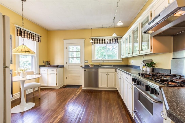190 Laburnam Cres, Rochester, NY 14620 - kitchen with stainless steel appliances, ventilation hood, dark countertops, and dark wood-style floors