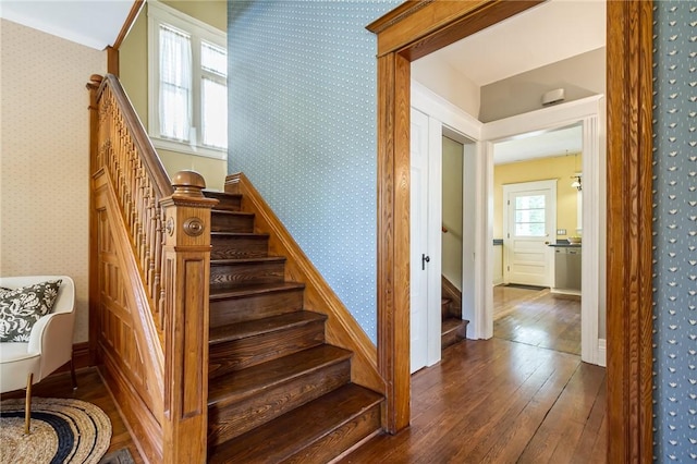 190 Laburnam Cres, Rochester, NY 14620 - stairway featuring wood-type flooring and wallpapered walls