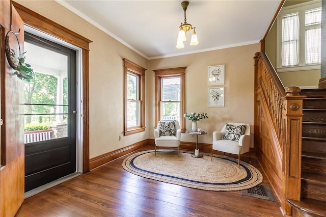 190 Laburnam Cres, Rochester, NY 14620 - entryway featuring wood finished floors, crown molding, stairway, and a chandelier