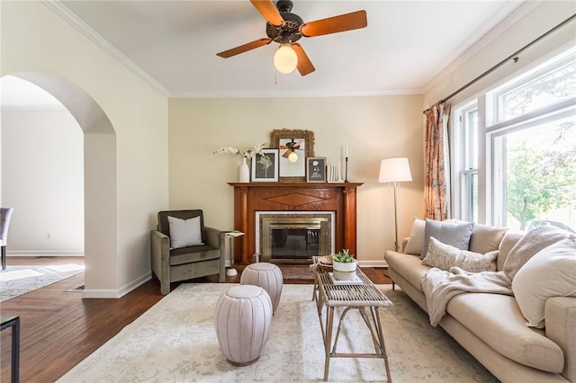 190 Laburnam Cres, Rochester, NY 14620 - living area with crown molding, arched walkways, wood finished floors, ceiling fan, and a glass covered fireplace