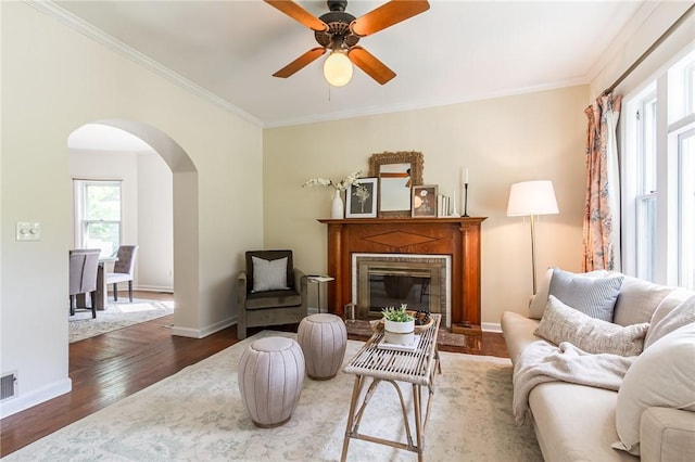 190 Laburnam Cres, Rochester, NY 14620 - living room with arched walkways, wood finished floors, crown molding, a ceiling fan, and a glass covered fireplace
