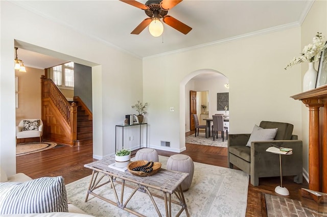 190 Laburnam Cres, Rochester, NY 14620 - living area featuring arched walkways, crown molding, ceiling fan, wood finished floors, and stairway
