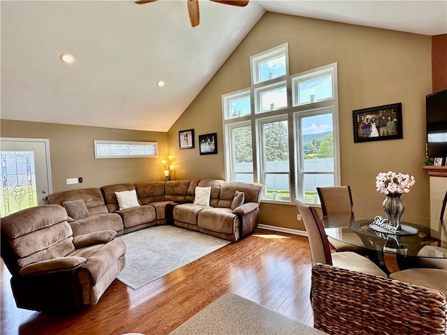 187 Seaward Ave, Bradford-City, PA 16701 - living room with ceiling fan, wood finished floors, healthy amount of natural light, high vaulted ceiling, and recessed lighting