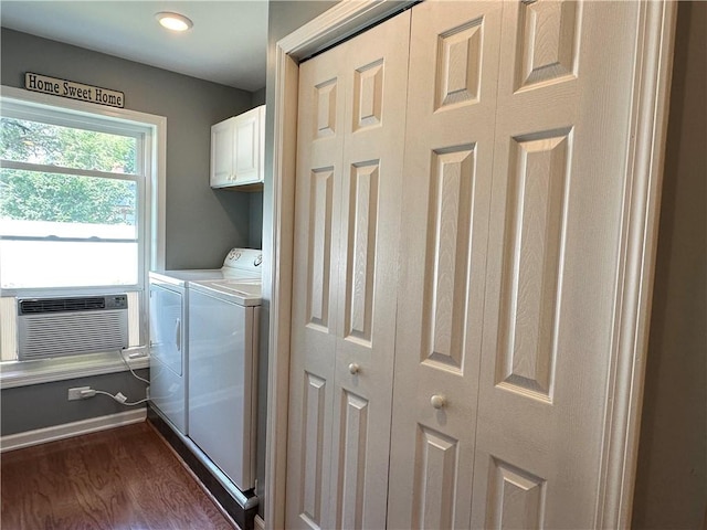187 Seaward Ave, Bradford-City, PA 16701 - washroom with cabinet space, washing machine and dryer, dark wood-type flooring, cooling unit, and recessed lighting