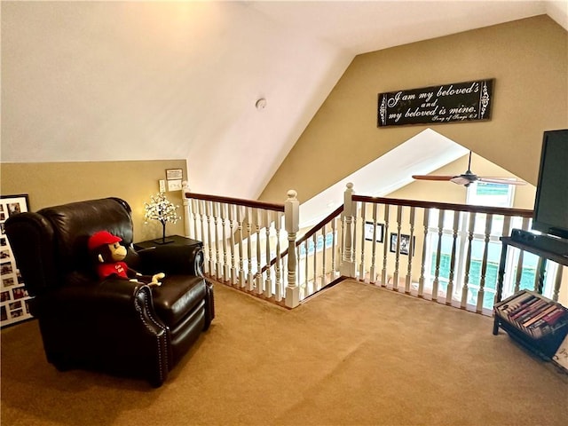 187 Seaward Ave, Bradford-City, PA 16701 - living area featuring vaulted ceiling, a ceiling fan, carpet floors, and an upstairs landing