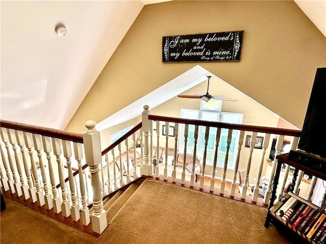 187 Seaward Ave, Bradford-City, PA 16701 - stairs with a ceiling fan, carpet flooring, and high vaulted ceiling