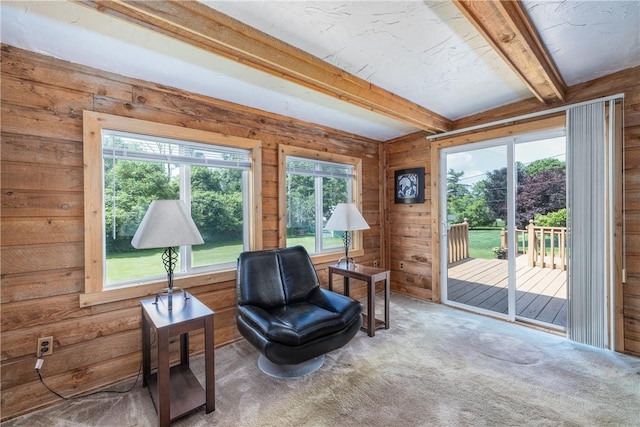244 Wildflower Dr, Henrietta, NY 14623 - sitting room with carpet flooring, beamed ceiling, and wooden walls