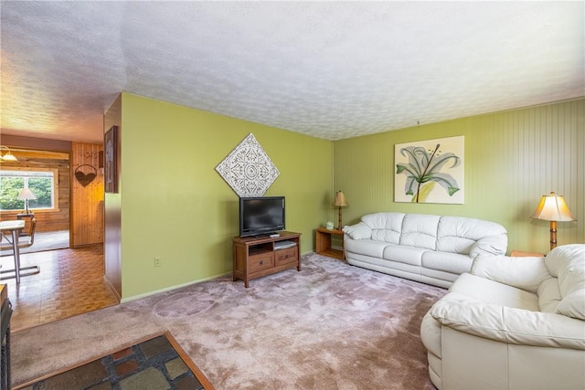 244 Wildflower Dr, Henrietta, NY 14623 - living room with wooden walls, a textured ceiling, and carpet