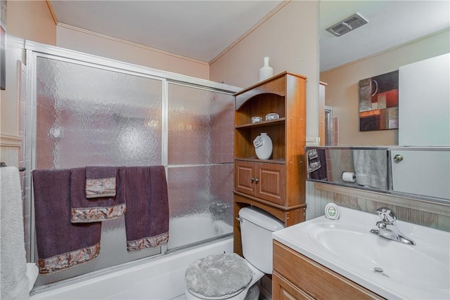 244 Wildflower Dr, Henrietta, NY 14623 - bathroom with bath / shower combo with glass door, vanity, and ornamental molding