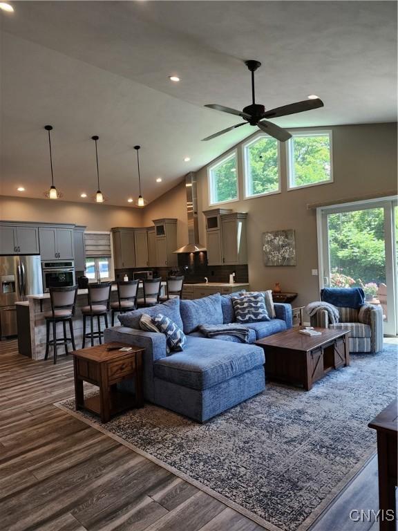 1683 Song Mountain Rd, Preble, NY 13141 - living area featuring a ceiling fan, dark wood finished floors, plenty of natural light, high vaulted ceiling, and recessed lighting
