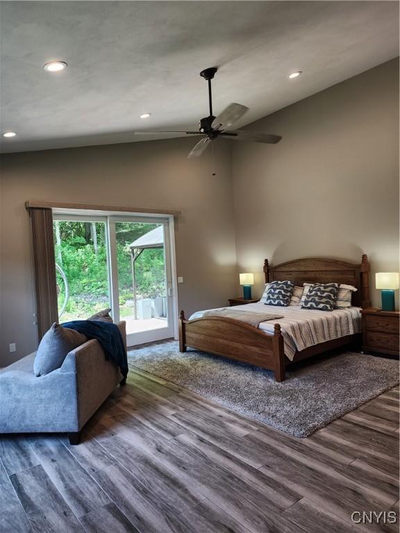 1683 Song Mountain Rd, Preble, NY 13141 - bedroom featuring wood finished floors, access to exterior, recessed lighting, a ceiling fan, and lofted ceiling