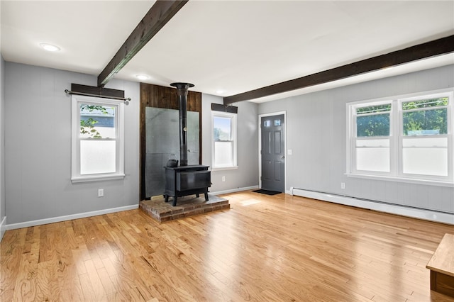 5808 W Wautoma Beach Rd, Hamlin, NY 14468 - unfurnished living room with beam ceiling, a baseboard heating unit, wood finished floors, a wood stove, and plenty of natural light