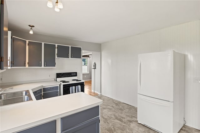 5808 W Wautoma Beach Rd, Hamlin, NY 14468 - kitchen with white appliances, gray cabinetry, and light countertops
