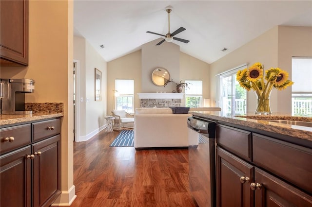 246 Maryview Dr, Penfield, NY 14580 - kitchen with dishwashing machine, dark wood-type flooring, ceiling fan, healthy amount of natural light, and lofted ceiling