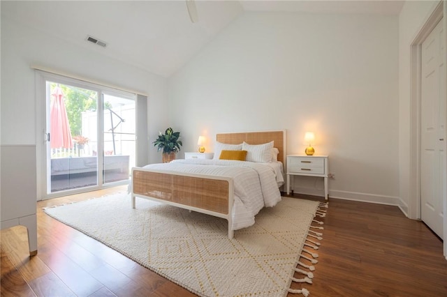 246 Maryview Dr, Penfield, NY 14580 - bedroom with access to exterior, wood finished floors, vaulted ceiling, and a ceiling fan