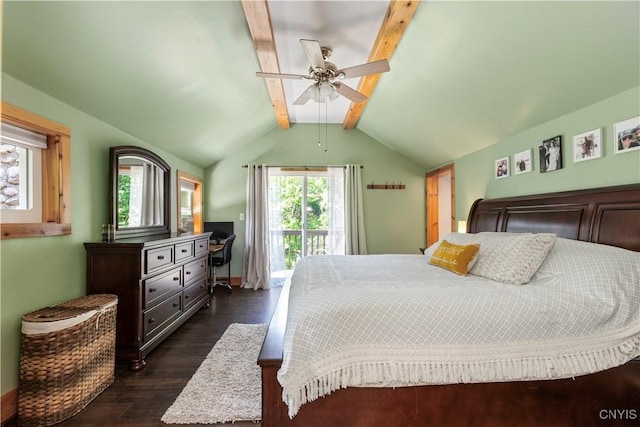 1848 Otisco Valley Rd, Otisco, NY 13110 - bedroom featuring dark wood finished floors, multiple windows, access to exterior, and ceiling fan