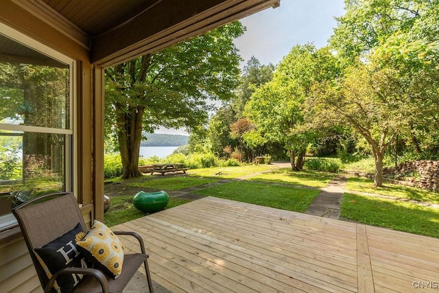 1848 Otisco Valley Rd, Otisco, NY 13110 - wooden deck featuring a water view and a yard