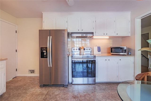 164 Queens Ln, Irondequoit, NY 14617 - kitchen featuring appliances with stainless steel finishes, under cabinet range hood, white cabinets, tasteful backsplash, and light countertops