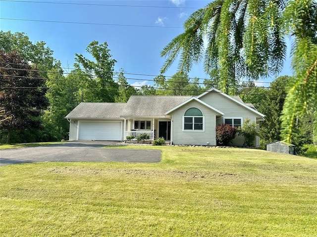 1819 E Campville Rd, Owego, NY 13760 - ranch-style home with a garage, asphalt driveway, a front yard, and covered porch