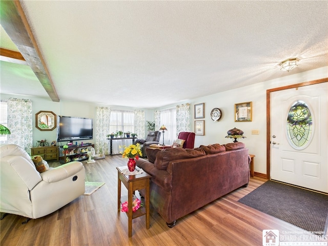 407 N Clark St, Olean, NY 14760 - living area with wood finished floors and beam ceiling