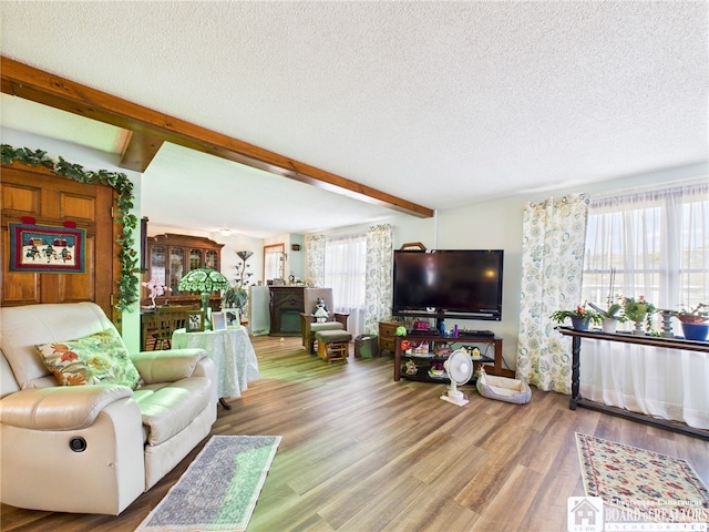 407 N Clark St, Olean, NY 14760 - living room with beamed ceiling, a textured ceiling, and wood finished floors