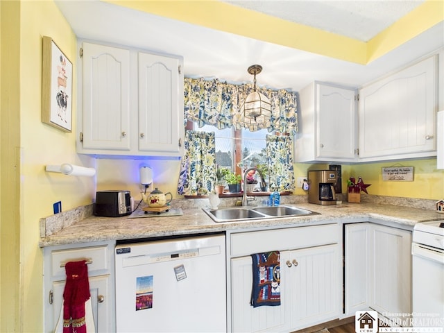 407 N Clark St, Olean, NY 14760 - kitchen featuring white appliances, light countertops, white cabinetry, and hanging light fixtures