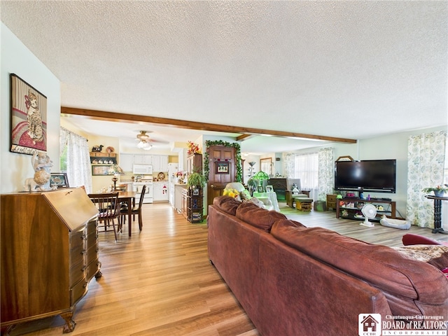 407 N Clark St, Olean, NY 14760 - living area featuring a textured ceiling, light wood-type flooring, ceiling fan, and beam ceiling